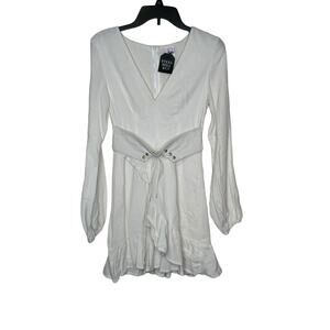 Selfie Leslie Women's Dress Mini Flaunce Hem V-Neck Belted Waist White Small NWT